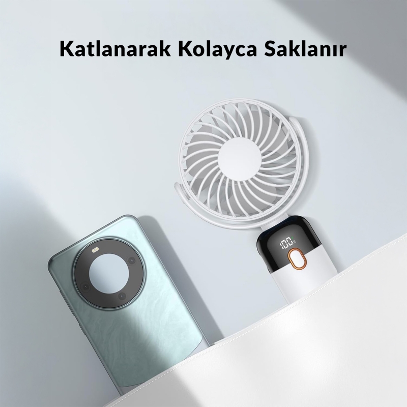 Warmco K70 Taşınabilir Şarjlı El Vantilatörü 2400mAh 360° Döner Başlıklı ve Standlı Dijital Ekranlı Soğutucu Fan Beyaz - 6