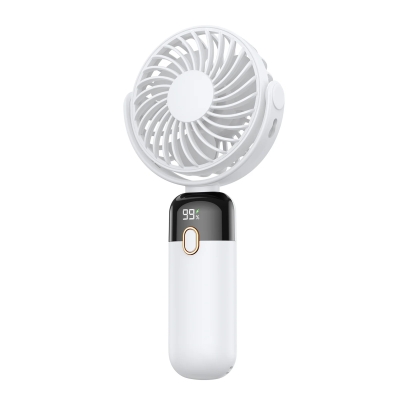 Warmco K70 Taşınabilir Şarjlı El Vantilatörü 2400mAh 360° Döner Başlıklı ve Standlı Dijital Ekranlı Soğutucu Fan Beyaz - Warmco