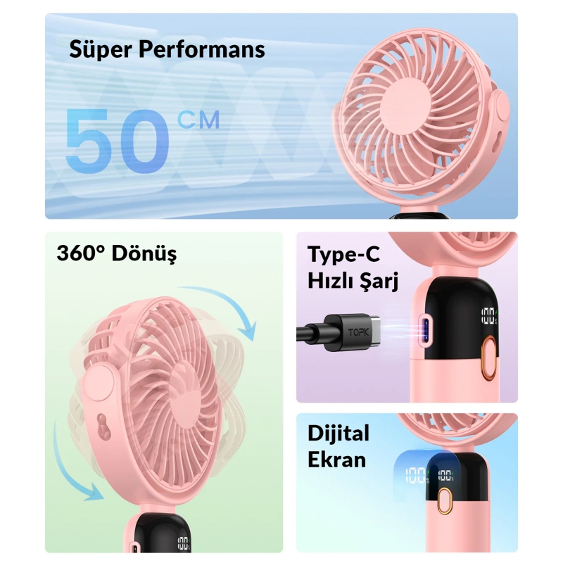 Warmco K70 Taşınabilir Şarjlı El Vantilatörü 2400mAh 360° Döner Başlıklı ve Standlı Dijital Ekranlı Soğutucu Fan Pembe - 2