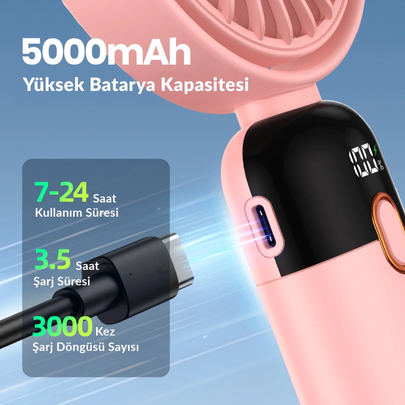 Warmco K70 Taşınabilir Şarjlı El Vantilatörü 2400mAh 360° Döner Başlıklı ve Standlı Dijital Ekranlı Soğutucu Fan Pembe - 3