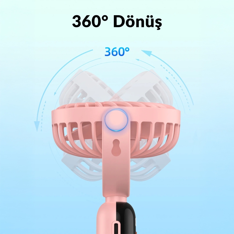 Warmco K70 Taşınabilir Şarjlı El Vantilatörü 2400mAh 360° Döner Başlıklı ve Standlı Dijital Ekranlı Soğutucu Fan Pembe - 4