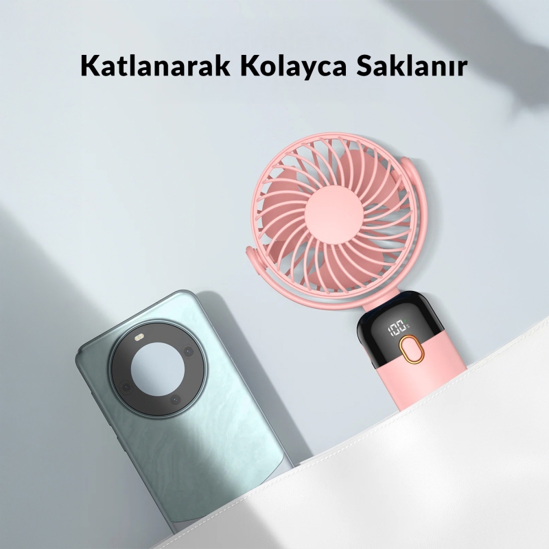 Warmco K70 Taşınabilir Şarjlı El Vantilatörü 2400mAh 360° Döner Başlıklı ve Standlı Dijital Ekranlı Soğutucu Fan Pembe - 6