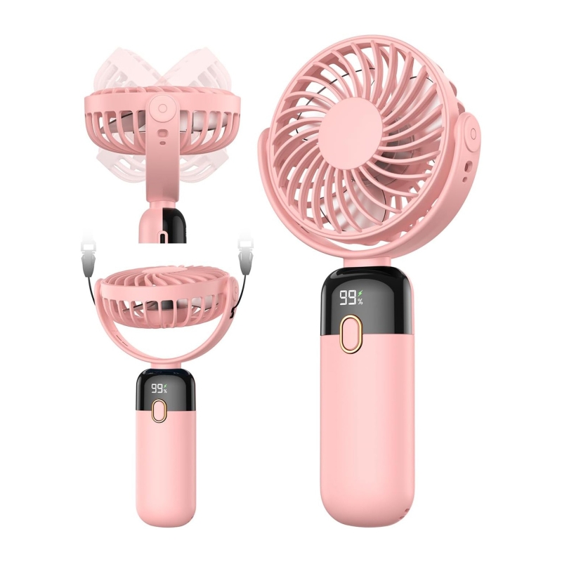 Warmco K70 Taşınabilir Şarjlı El Vantilatörü 2400mAh 360° Döner Başlıklı ve Standlı Dijital Ekranlı Soğutucu Fan Pembe - 8