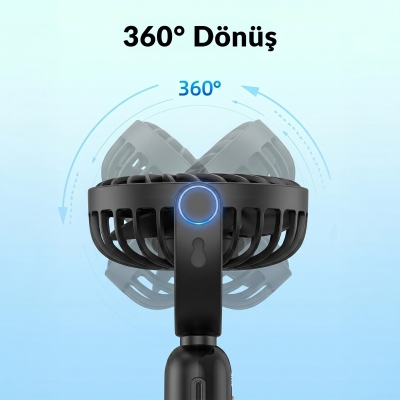 Warmco K70 Taşınabilir Şarjlı El Vantilatörü 2400mAh 360° Döner Başlıklı ve Standlı Dijital Ekranlı Soğutucu Fan Siyah - 4