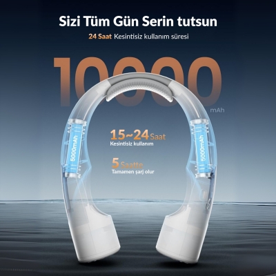 Warmco N1 Boyun Vantilatörü 10000mAh Şarjlı Dijital Göstergeli 4 Kademeli Taşınabilir Soğutucu Fan Beyaz - 3